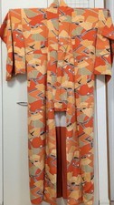 Kimono Orange Geometric Small Pattern Womens Wear Silk Style Vintage