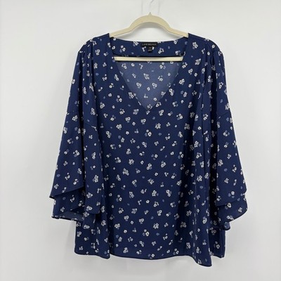 Lane Bryant Blouse Navy Blue Womens 18/20 Floral Tiered Bell Sleeve V-Neck Top