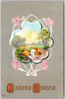 Easter Cheer, 1912 Chicks Eggshell In Pastoral Scene Floral Border, Postcard
