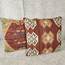 Pair Pottery Barn Kilim Wool Southwestern Pillows W/ Down Inserts 18 X 18 RARE