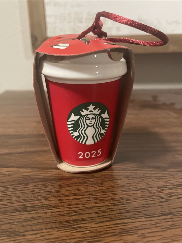 Starbucks 2025 Ceramic Coffee Cup Siren Ornament, Red, Hanging Christmas Holiday