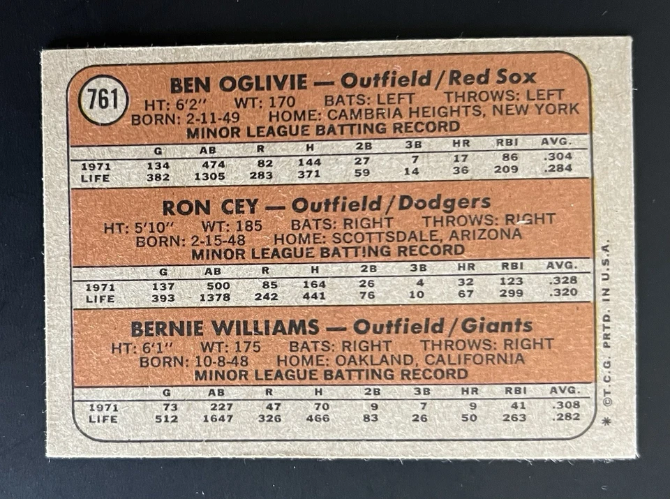 1972 Topps - High # Bernie Williams, Ron Cey, Ben Oglivie #761 estrellas novatas... Foto 2 de 2