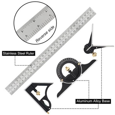 3-Piece T-Square Protractor Level Kit, 300MM Adjustable Sliding Square Ruler