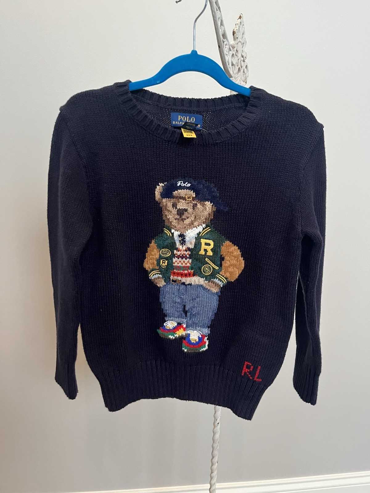 NWT Polo Ralph Lauren Bear w/ Green Jacket Knit Sweater  Navy Blue Boys SIZE 6