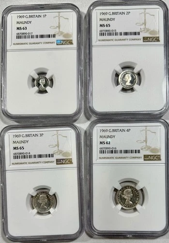 1969 Great Britain Maundy Set BU NGC 1 P MS 63, 2 P MS 65, 3 P MS 65 & 4 P MS 62