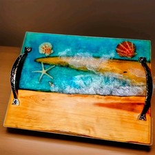 Handmade Live Edge Cedar Wood Epoxy Resin Ocean Charcuterie Board Serving Tray