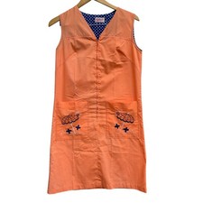 Vintage Gilead Orange Zip Front House Dress Duster Embroider Pockets Sleeveless
