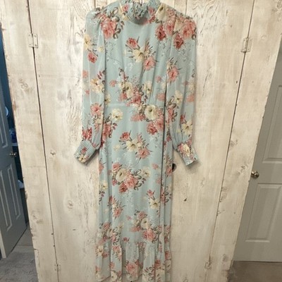 Baltic Born Blue Pink Floral Chiffon Maxi Dress Smocked High Neck Long Sleeve L