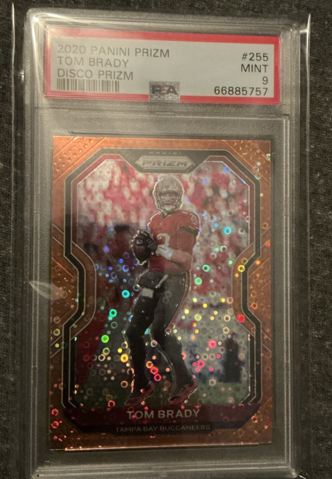 2020 Prizm #255 Tom Brady Orange Disco Prizm PSA 9