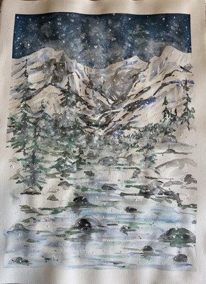 Original Watercolor Painting   Night Alpine Snowfall   Signed by Artist