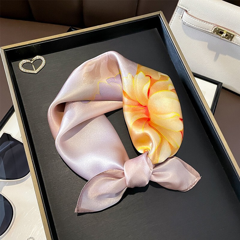 100% Silk Floral Square Scarf for Women - Pink Yellow Flowers - 53cm Bandana Neckwear