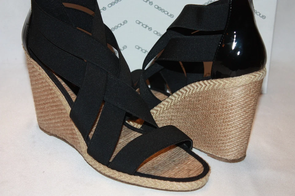 NEW NIB ANDRE ASSOUS Black Elasticized Straps Leather Jute Wedge Sandals 10 $235 - Image 2 of 4