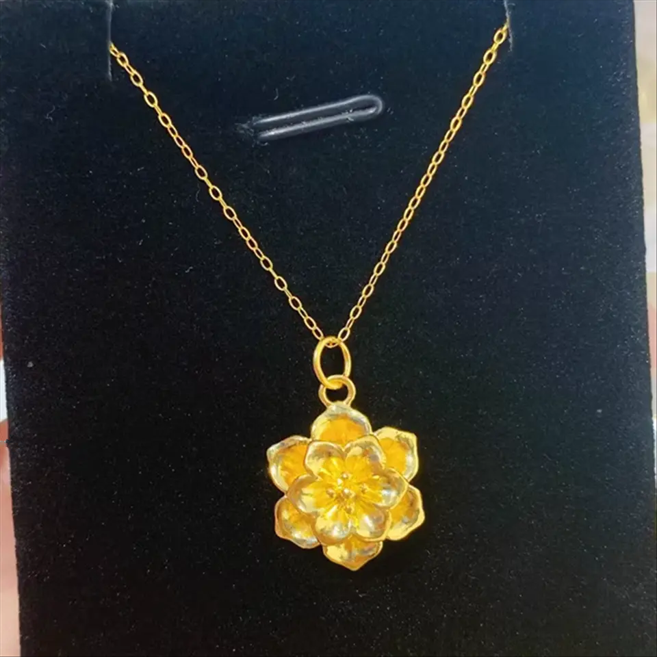 Pure 999 24K Yellow Gold Lotus Flower Pendant 18K Wheat Link