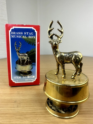 VTG Brass Stag Deer Figure Christmas Decor Revolving Musical Figurine OG Box