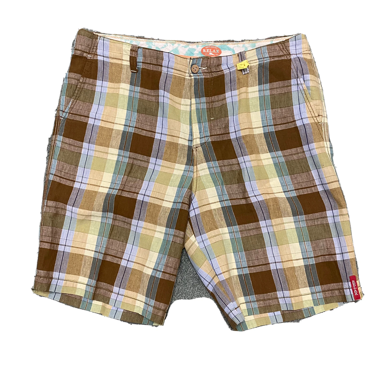 Tommy Bahama Relax Men’s size 38 100% linen blue green Brown Plaid Cadual shorts