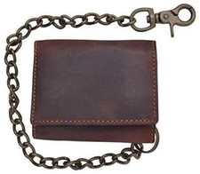 RFID Blocking Black Men's Premium Cowhide Leather Biker's Chain Trifold Wallet T