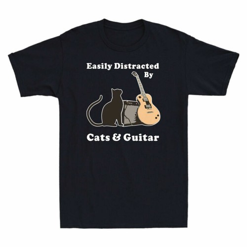 By Shirt Men's Novelty T Funny Tee Cats and Black Distracted Easily Guitar Cat - Picture 4 of 7