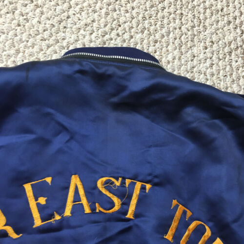 Vintage 80s Bomber Jacket Large Sukajan Souvenir Satin Blue Japan Tour Flaws - Picture 5 of 15