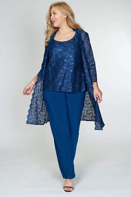 R&M Richards Plus Size 3 Piece Scalloped Sequin Lace Pantsuit - 14W Peacock