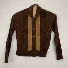 Vintage 70s Mens Large Shawl Collar Brown Tan Leather Acrylic Sweater Jacket