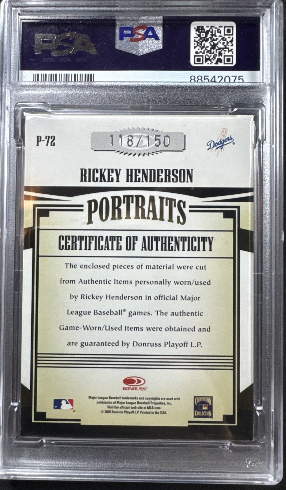 2005 Donruss Prime Patches Rickey Henderson Game Worn Triple Material /150 PSA 7 view 2