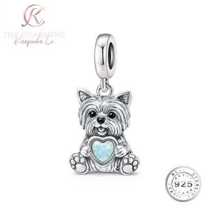 Yorkshire Terrier Hund Charm Silber S 925 & Opal Herz - Haustier Hund