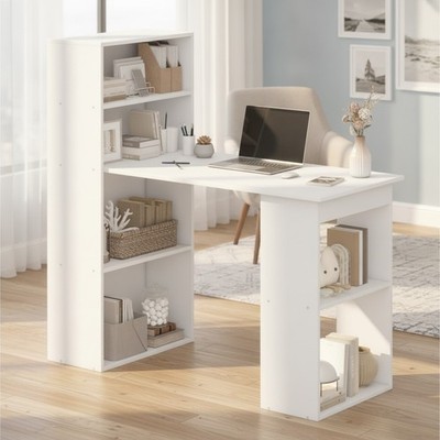 120 cm Holz Computertisch mit 6 Ebenen Aufbewahrung Bücherregal Modern Weiß