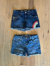 Girls Cat Jack Denim Shorts Size Medium 7/8 Lot Of 2 Rainbow, Hearts, Sun