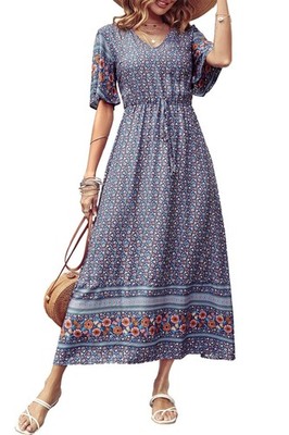 PRETTYGARDEN Women's Casual Summer Boho Floral X-Large, Blue Grey 