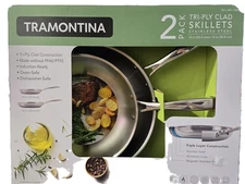 NEW TRAMONTINA 12" 10" Stainless Steel Skillet Tri Ply Clad Frypan 2pk
