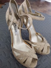 Nina Gold Glitter Strappy Open Toe Stiletto Heels Buckle Ankle Strap US 7