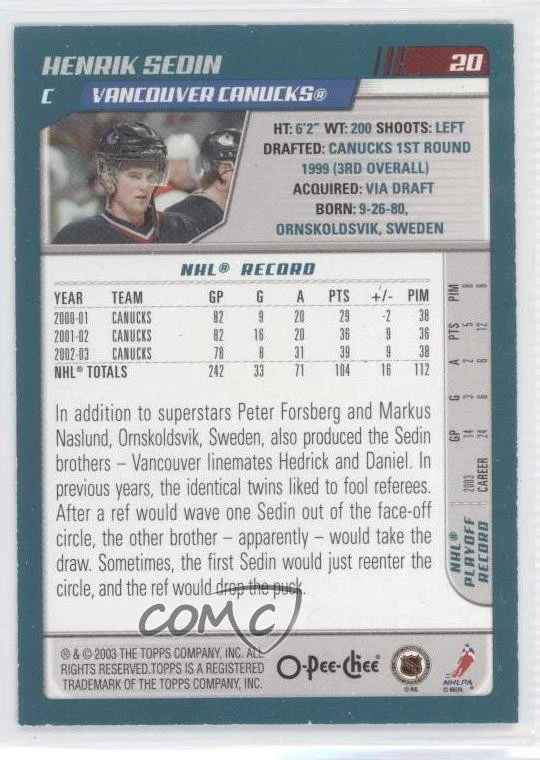 2003-04 O-Pee-Chee Blue /500 Henrik Sedin #20 HOF - Image 2 of 2