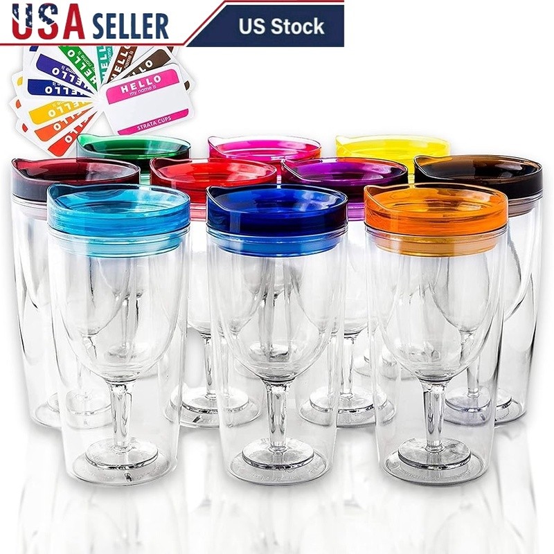Portable Wine Glasses W/ Splash Proof Lids 10 Colors BPA Free Gift Ready Set New