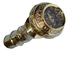Handmade Style Design Compass Brass knob Head Handle w/ Walking Stick Mens Gift