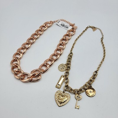 2Pc Guess Women Necklace Rose Gold Tone Chunky Chain & Gold Tone Charm Necklace*