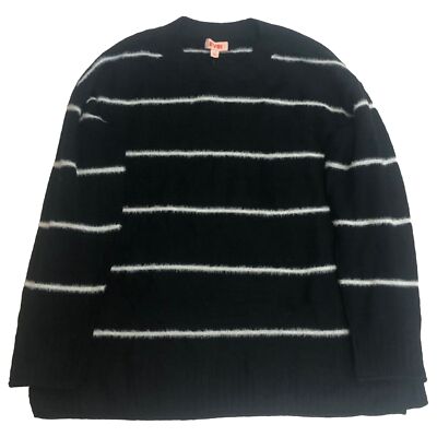Evri Womens Plus Lightweight Fuzzy Black & White Stripe Sweater