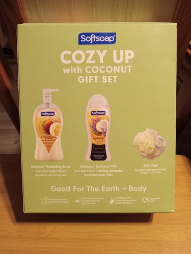 SE softsoap cozy up with coconut gift set exfoliating scrub bady wash pouf luffa - Picture 2 of 9