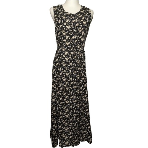 Vintage 90s Navy Black Sleeveless White Floral Corset Tie Maxi Dress Size 14 - Picture 7 of 7