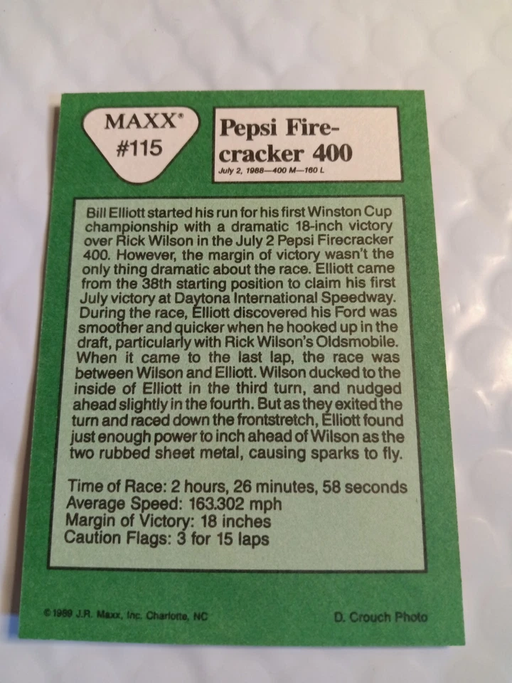 * 88 in review NASCAR WINSTON CUP 1989 MAXX RACE Card # 115 Pepsi Firecracker - Image 4 of 4