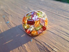 Large Round Multi Gem Sterling Silver Filigree Ring Size 7 3/4