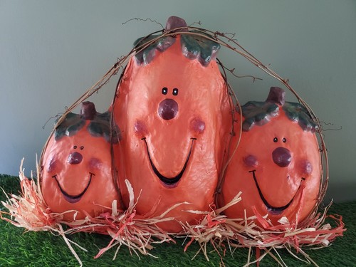 🎃 18" Paper Mache Pumpkin Triple Side by Side Halloween Fall Home Decor 🎃