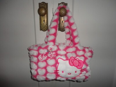 HELLO KITTY LOGO FAUX FUR FLUFFY HEARTS HANDBAG SHOULDER PURSE NEW