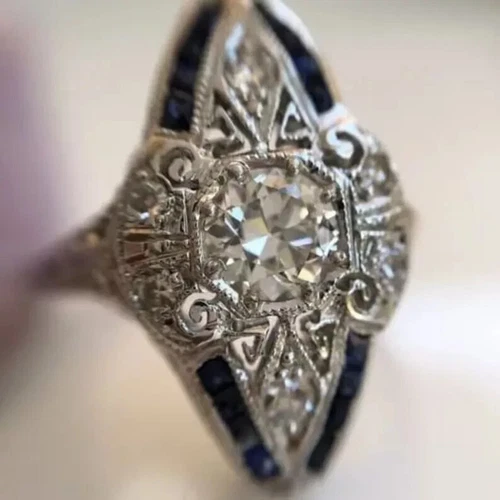 Art Deco Style Lab Created Diamond & Sapphire Wedding 14K White Gold FN  Ring