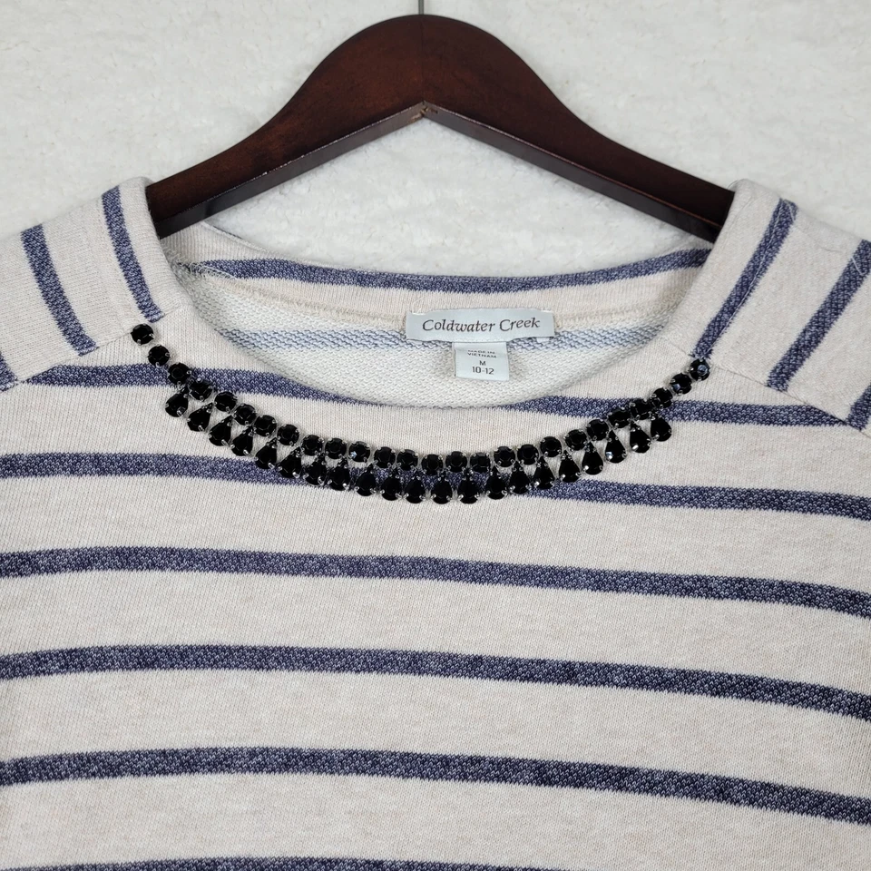 Camisa Coldwater Creek para mujer mediana beige a rayas manga larga algodón adornado Foto 2 de 4