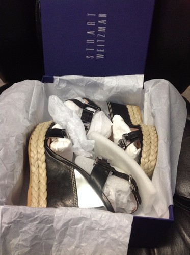Stuart Weitzman Black Stepchain Leather Wedge Sandals Size 9 - Picture 5 of 6