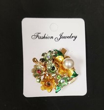 BRASS GOLD+TEAL GREEN FLOWER BOUQUET+WHITE FAUX PEARL+PRISM CRYSTAL PIN,BROOCH