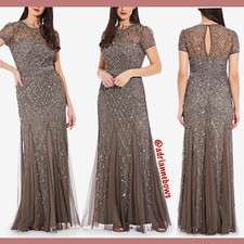 NEW 318 Adrianna Papell Cap Sleeve Beaded Mesh Gown in Lead SZ 4P  N720
