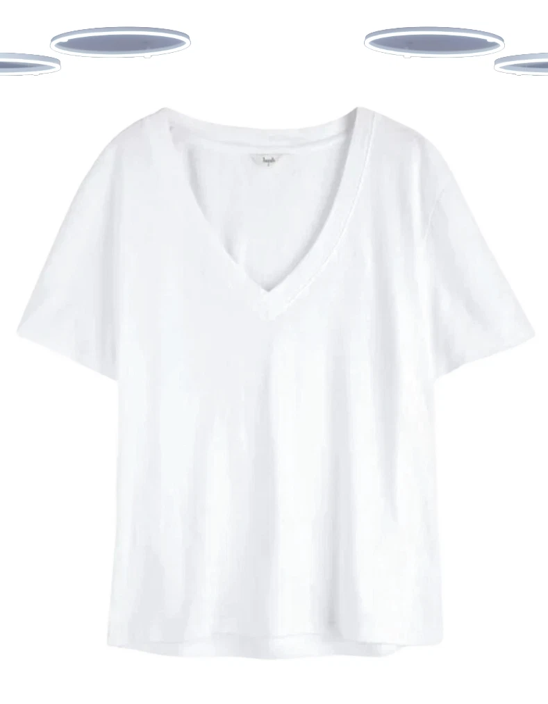 Ex Hush Women’s T-Shirt - Short Sleeve Linen Blend Deep V-neck White (Defect)