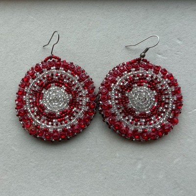 Beaded Native American Handmade Round Disc Earrings Rawhide Statement Jewelry