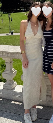 Bershka Beige Brown Striped V-Neck Strappy Sleeveless Maxi Dress XS